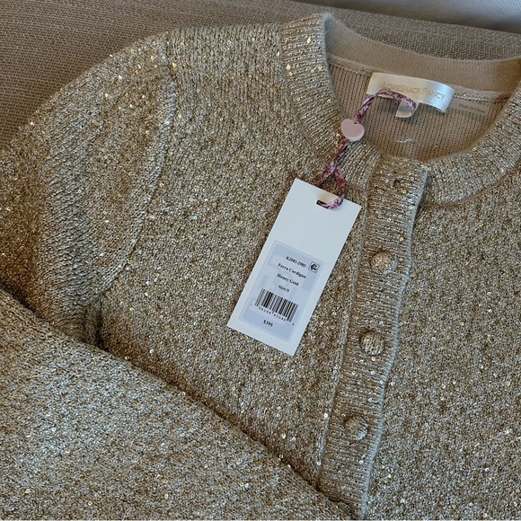 NWT LoveShackFancy Ferra Sequin Stretch Knit Cardigan Honey Gold Holiday - Picture 7 of 14